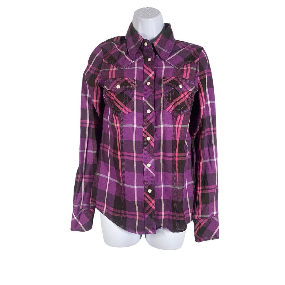True Religion Womens Purple‎ Black Pink Plaid Button Down Long Sleeve Size XS